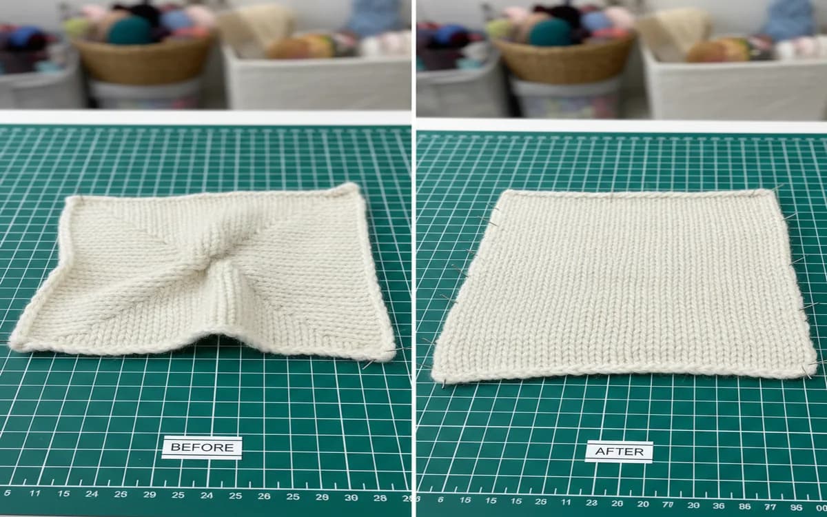 Knitted wool swatch before and after blocking showing how wool evens out tension