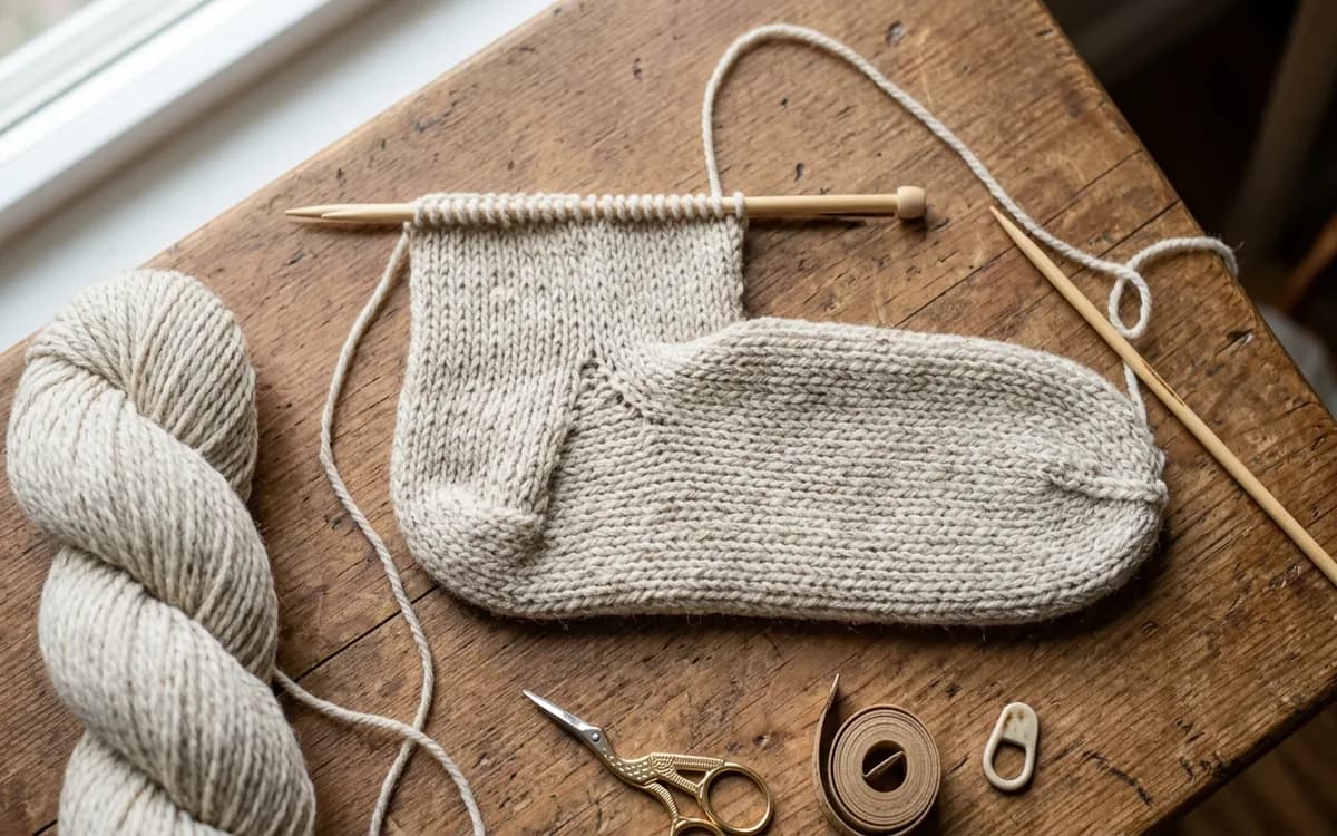 Chausson en cours de tricot à plat sur deux aiguilles droites, montrant la construction en L avec la semelle en jersey et les premières mailles de la tige