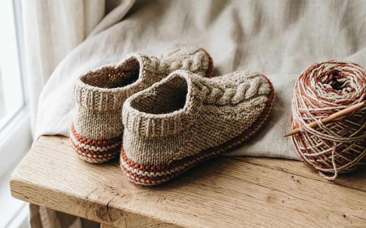 Paire de chaussons tricotés à la main en laine Aran couleur naturelle et terracotta, posés sur une surface en bois clair avec une pelote de laine