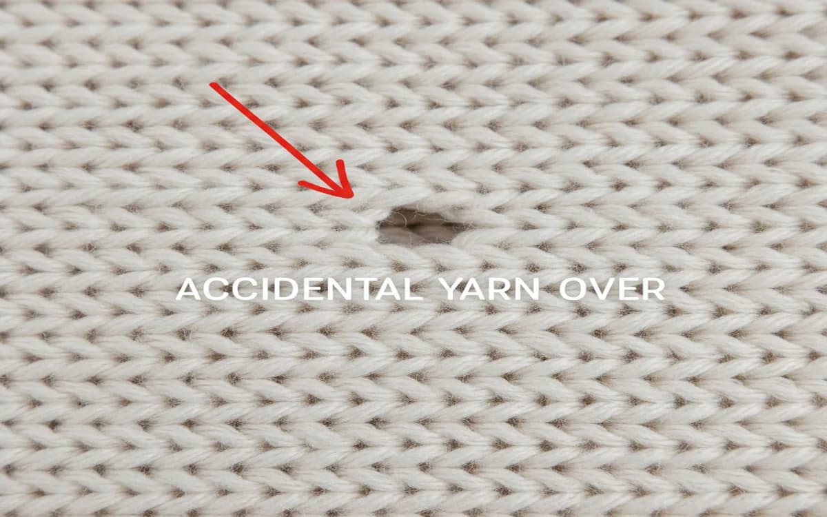 Knitted fabric showing accidental yarn over creating unwanted hole