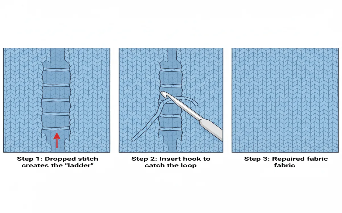Step-by-step photos showing crochet hook technique to fix dropped stitch ladder