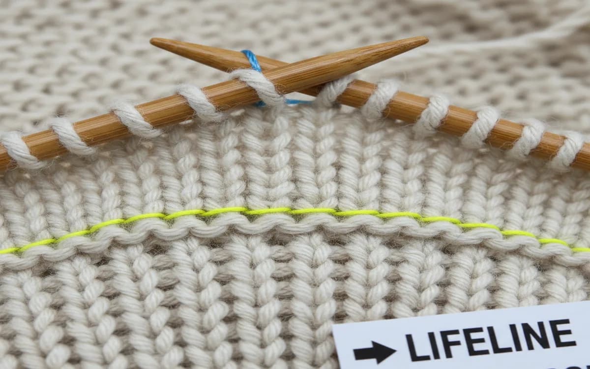 Knitting on needles with lifeline thread running through a row