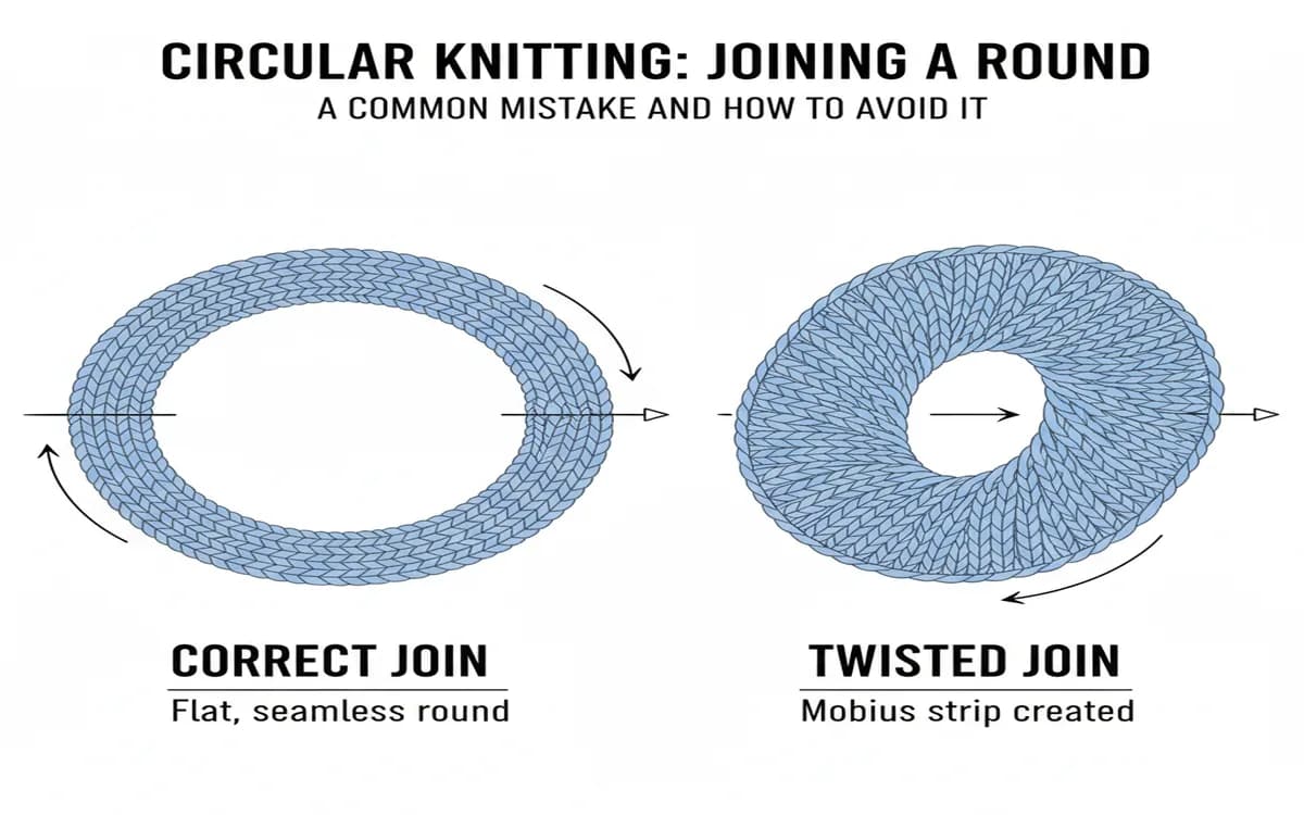 Photo showing twisted cast-on creating mobius strip instead of tube