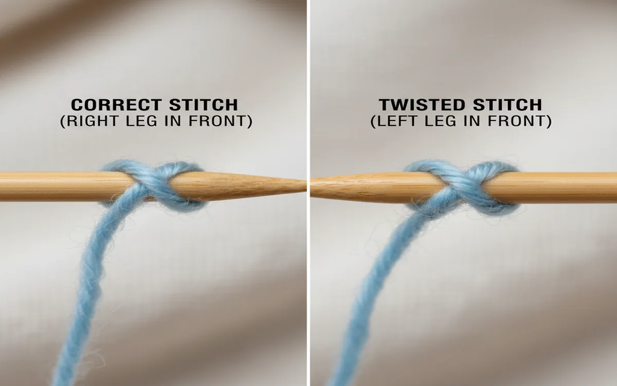 Close-up comparing correctly mounted stitch versus twisted stitch on needle