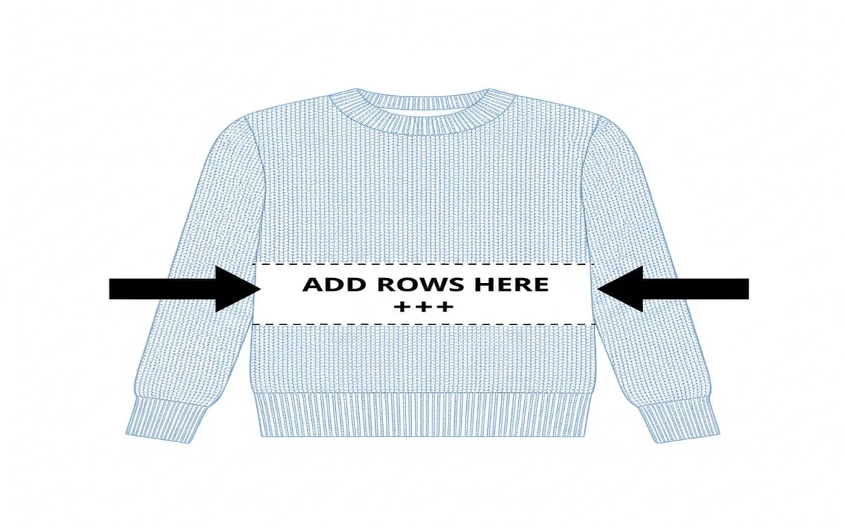 Sweater schematic showing where to add or remove rows for length modifications