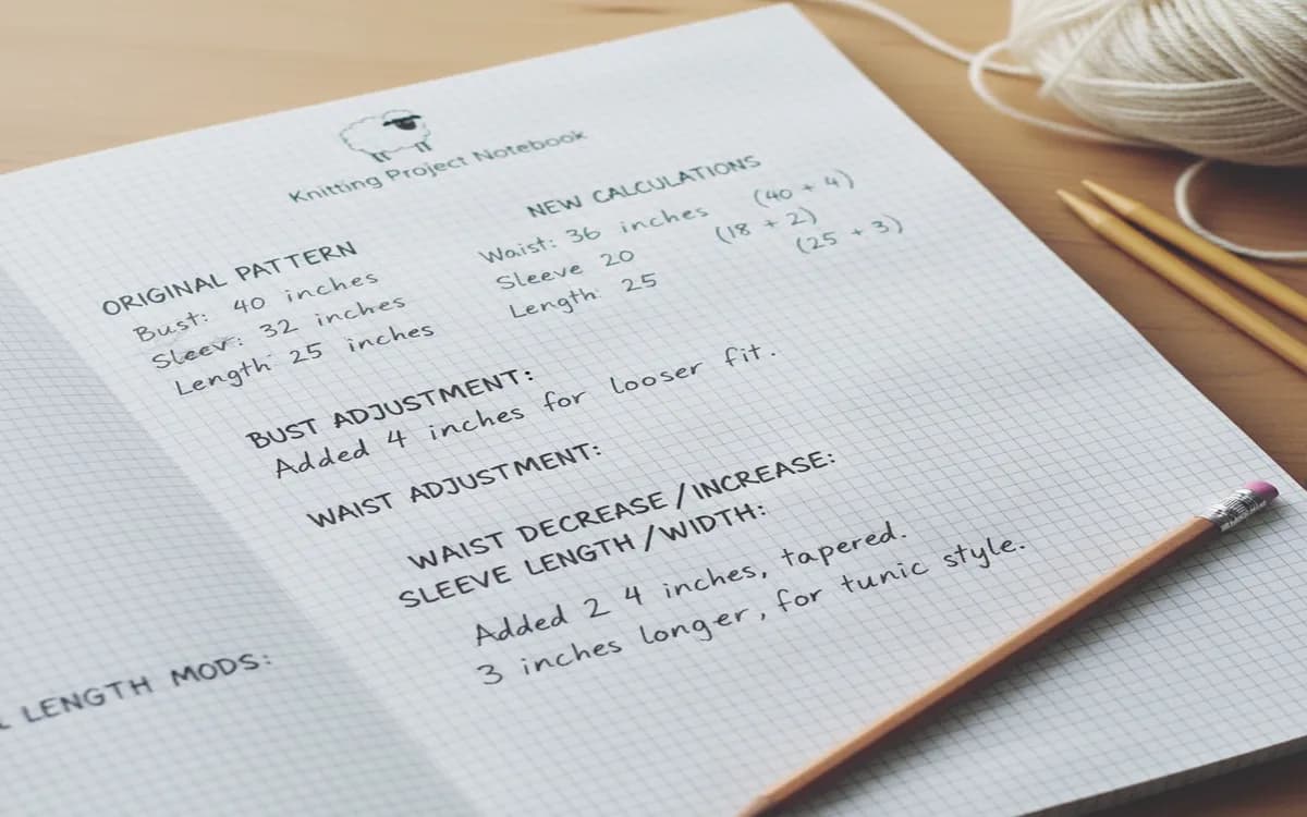 Example of documented pattern modifications with notes and calculations