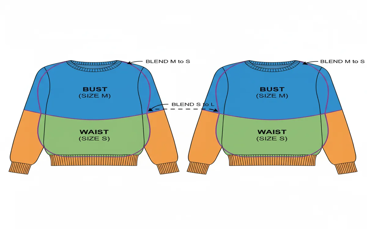 Pattern schematic highlighting different sizes used for different body sections