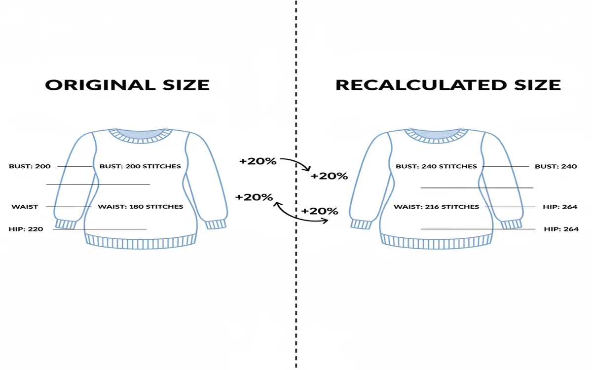 Before and after stitch count comparison with proportional shaping recalculation
