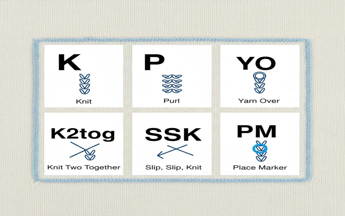 Visual cheat sheet of common knitting abbreviations: K, P, YO, K2tog, SSK, PM