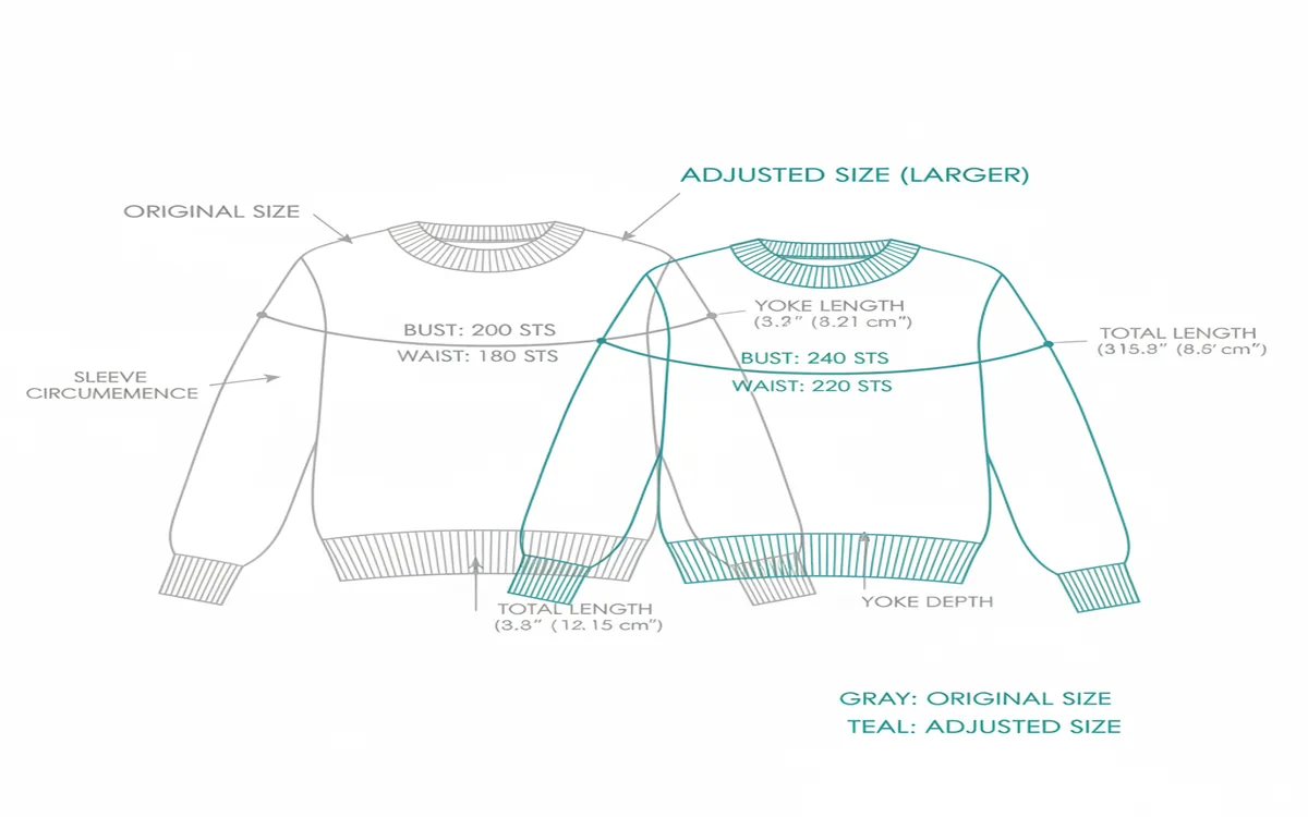 Schematic showing original pattern width vs adjusted width with recalculated stitch counts