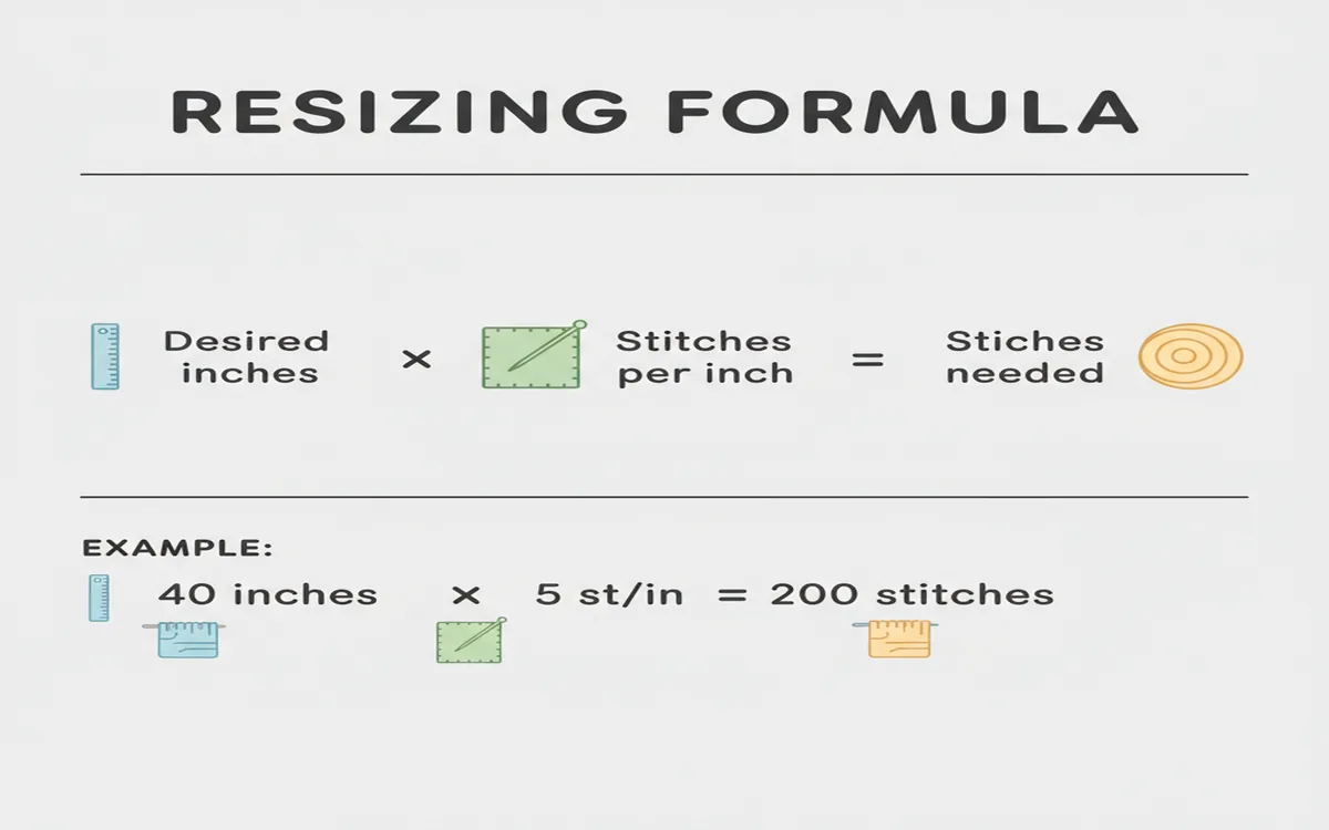 Formula diagram: desired inches times stitches per inch equals stitches needed
