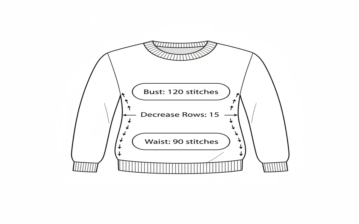 Diagram showing how waist shaping changes when resizing bust stitch count