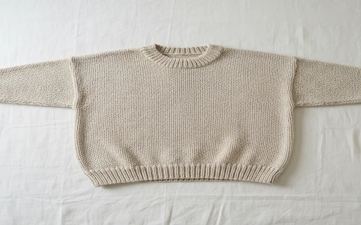 Drop shoulder sweater showing straight body edge where sleeve attaches