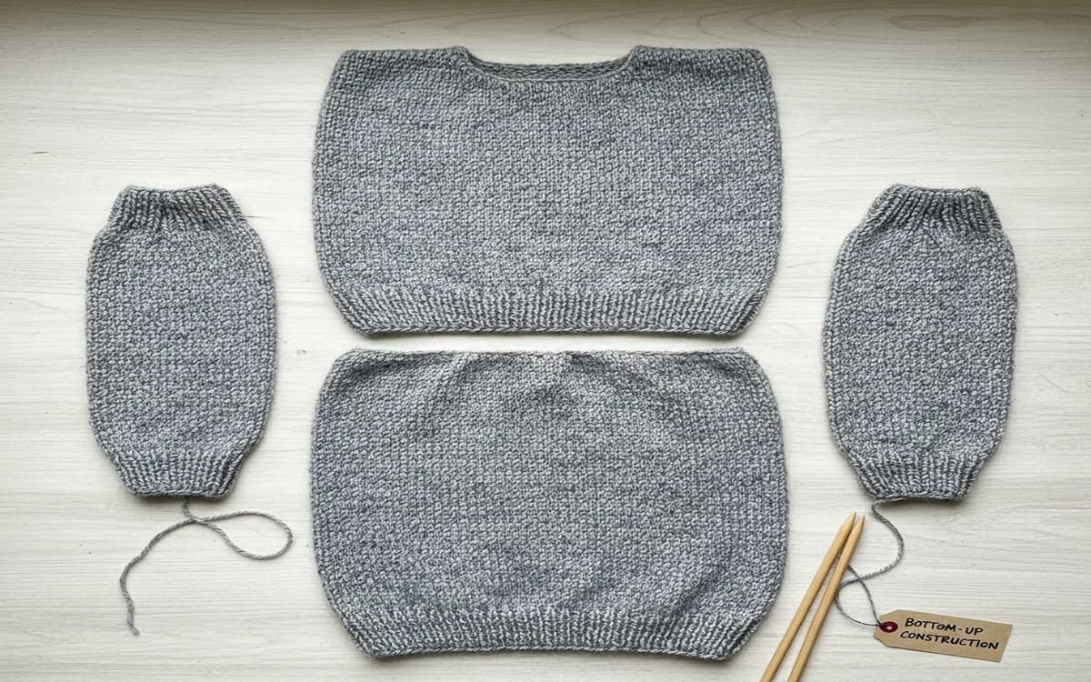 Flat-lay of bottom-up sweater pieces front back two sleeves before assembly