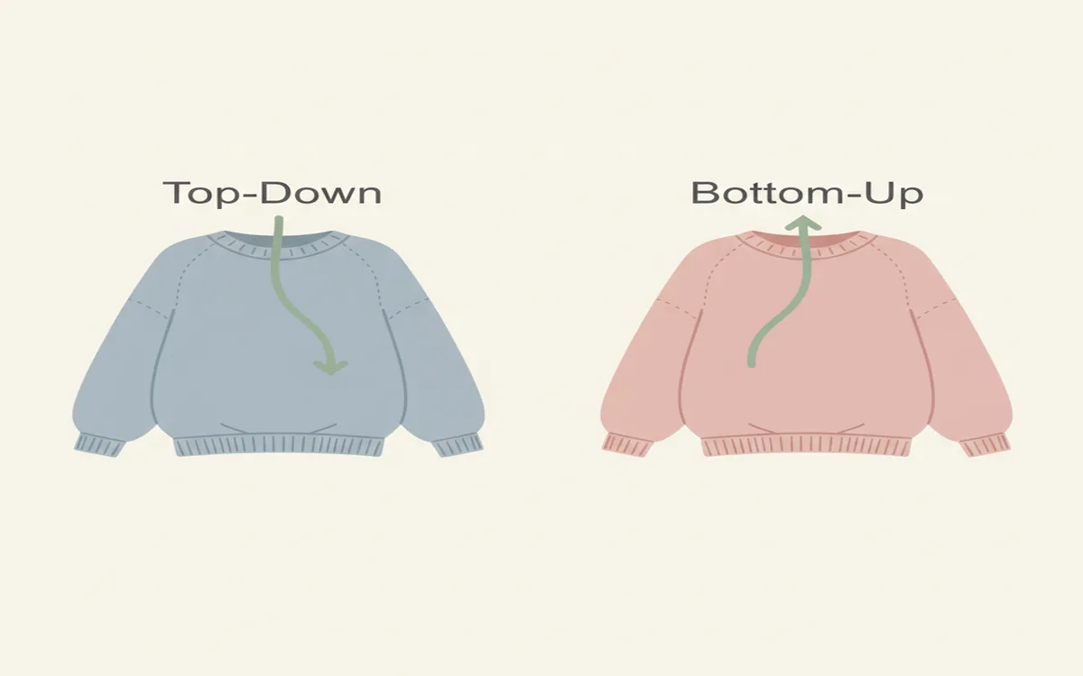 Arrow diagrams showing top-down knitting direction from neck to hem and bottom-up from hem to shoulders