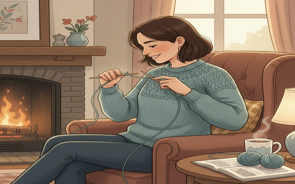 Photo of knitter trying on top-down sweater in progress to check fit