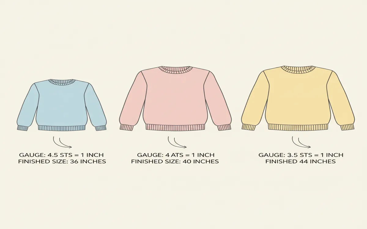 Three sweaters showing how half-stitch gauge difference creates 4-inch size variation