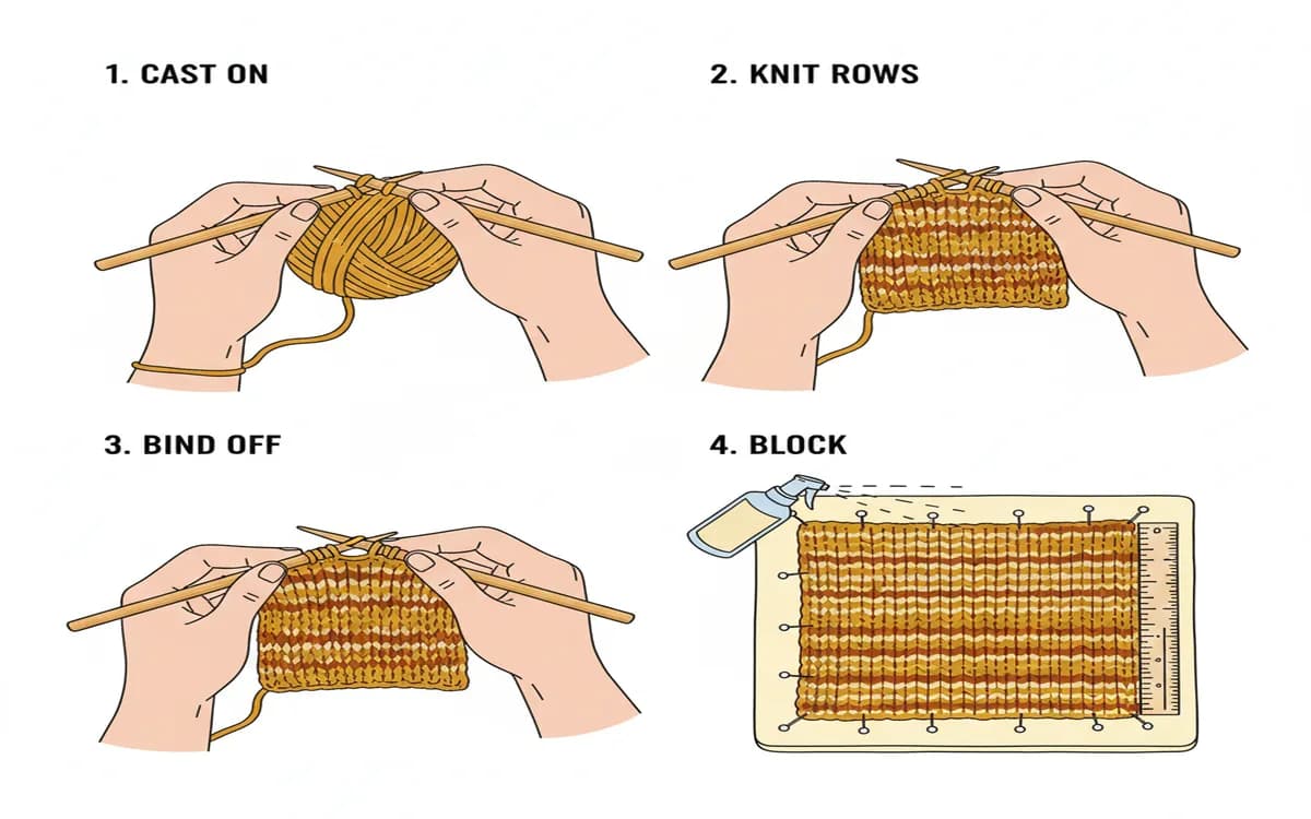 Step-by-step photos of casting on, knitting, binding off, and blocking a gauge swatch