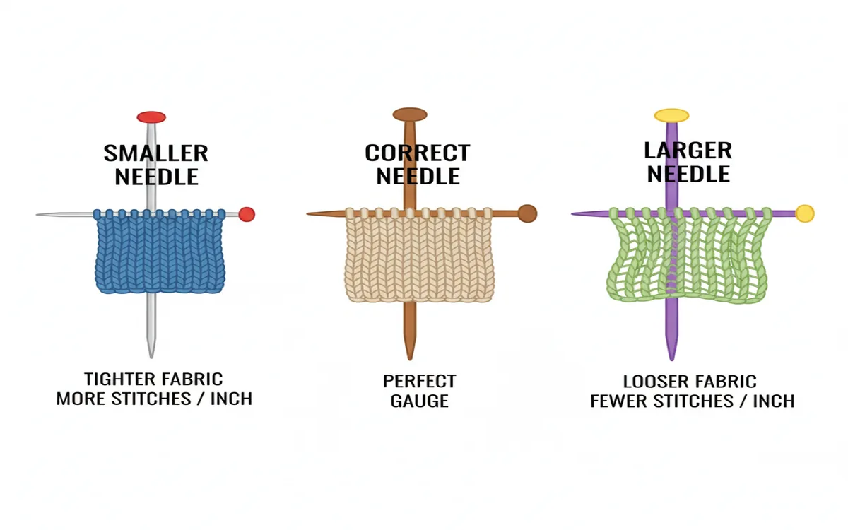 Needle size comparison showing larger needles for loose knitters, smaller for tight