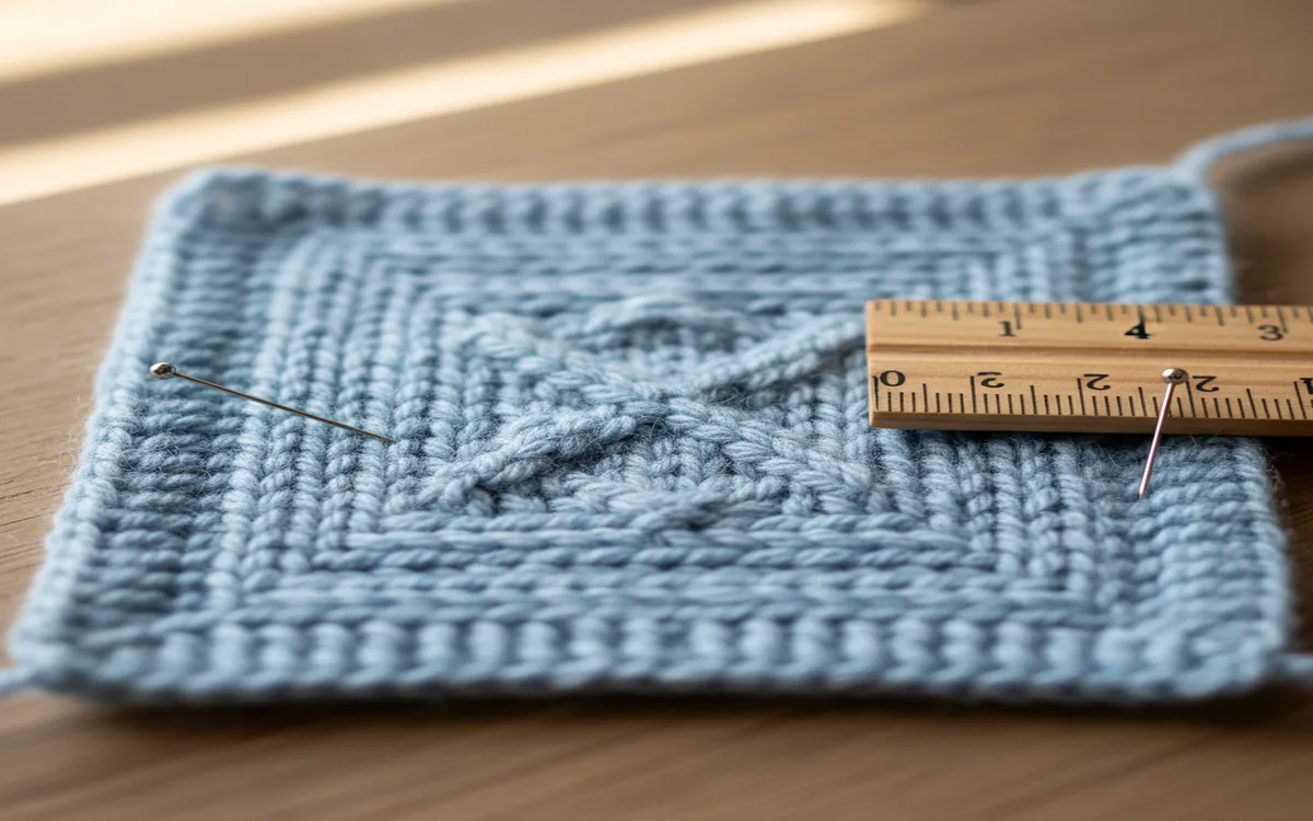 Close-up of gauge swatch with ruler showing proper measurement technique in center of fabric
