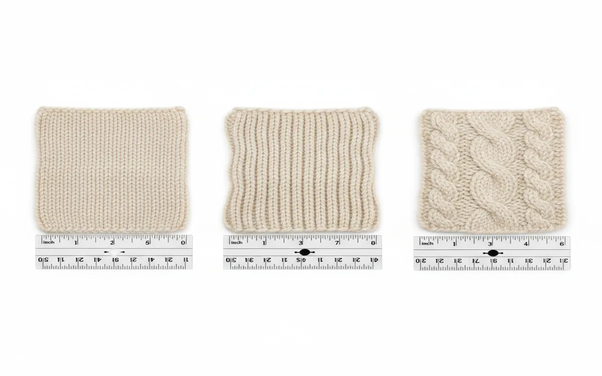 Comparison of gauge swatches in stockinette, ribbing, and cable patterns