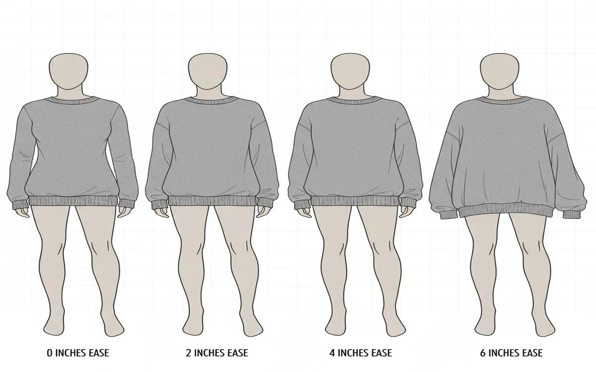 Same sweater pattern shown with 0, 2, 4, and 6 inches of ease on body form