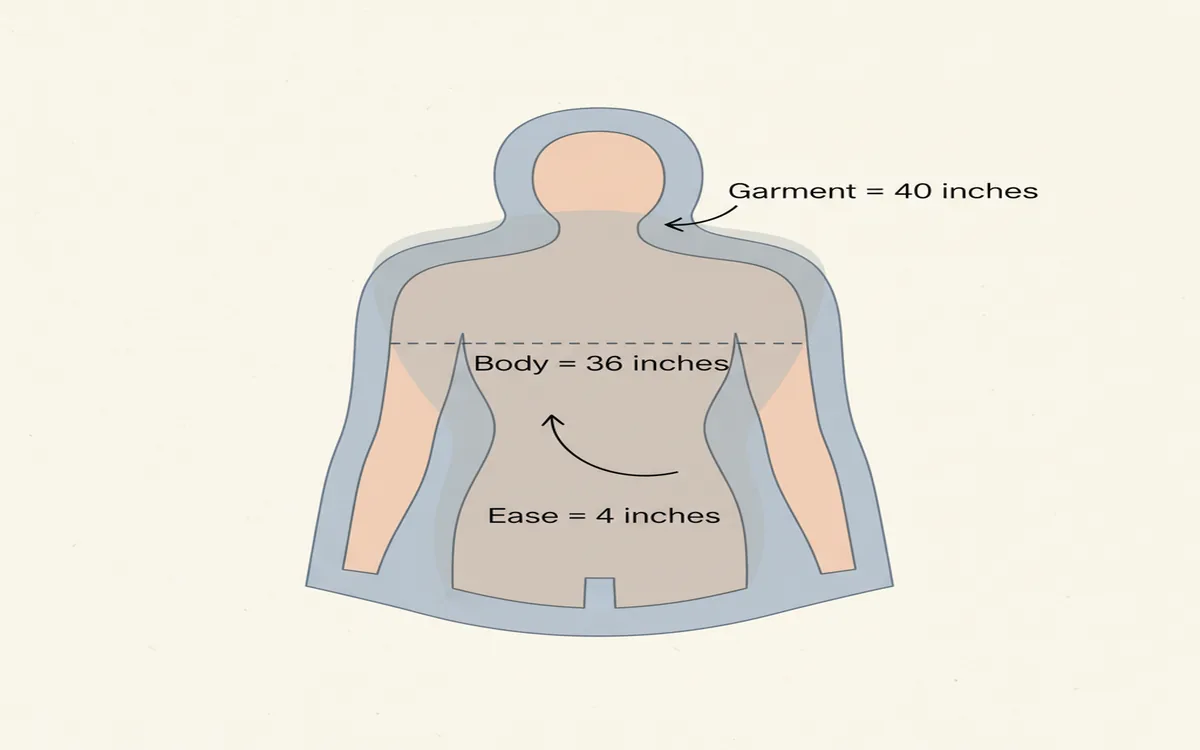 Diagram showing body measurement, garment measurement, and the ease difference between them