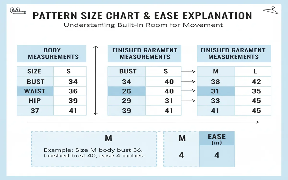 Pattern size chart with finished measurements highlighted showing ease built in