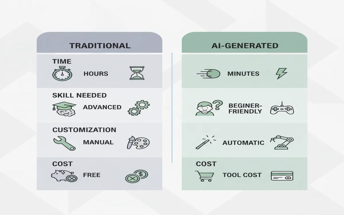 Visual comparison table of traditional versus AI pattern generation methods