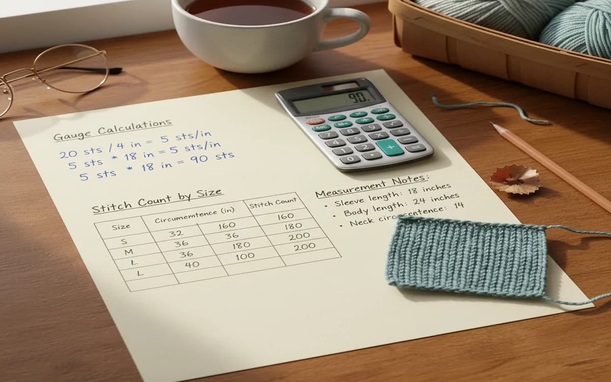 Example of knitting pattern spreadsheet with gauge calculations and stitch counts