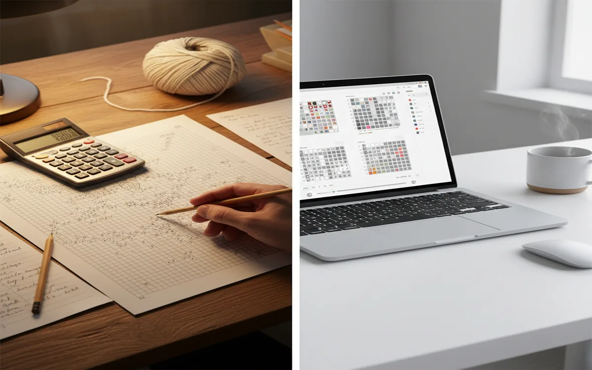 Split image comparing traditional pattern design with calculator and paper versus AI pattern generator interface