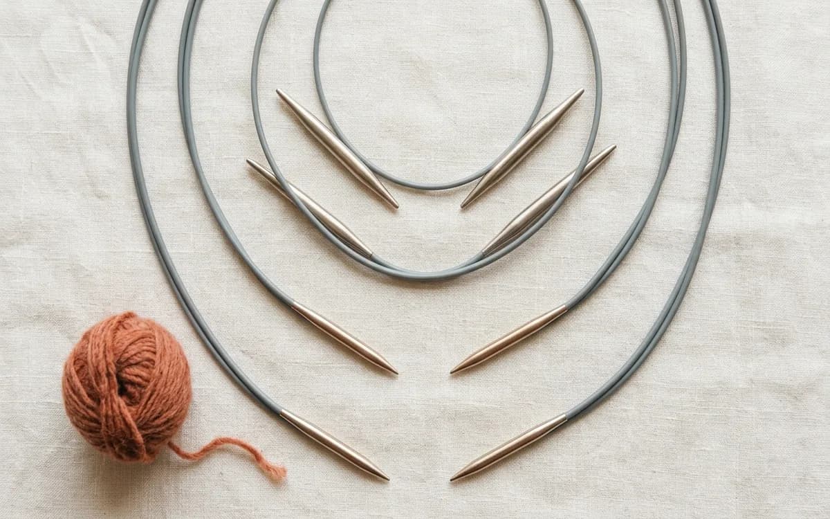 Trois aiguilles circulaires de longueurs différentes (40 cm, 80 cm et 100 cm) disposées sur un fond lin crème avec une pelote de laine terracotta