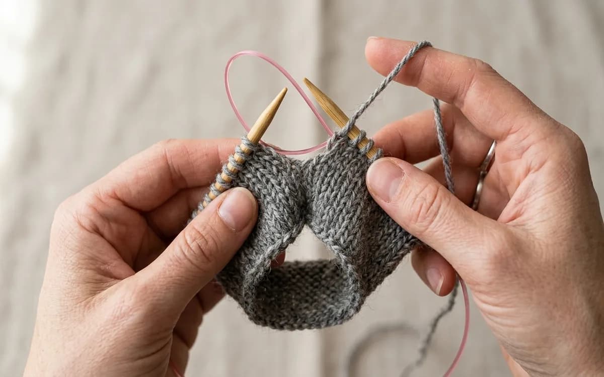 Mains tenant des aiguilles circulaires formant une boucle de magic loop pour tricoter en rond un petit ouvrage tubulaire en laine grise