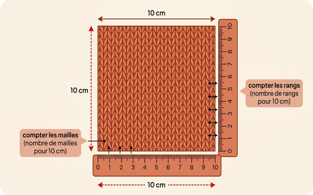 Diagramme technique illustrant un échantillon de tricot de 10 cm sur 10 cm avec les mailles et les rangs mesurés à la règle