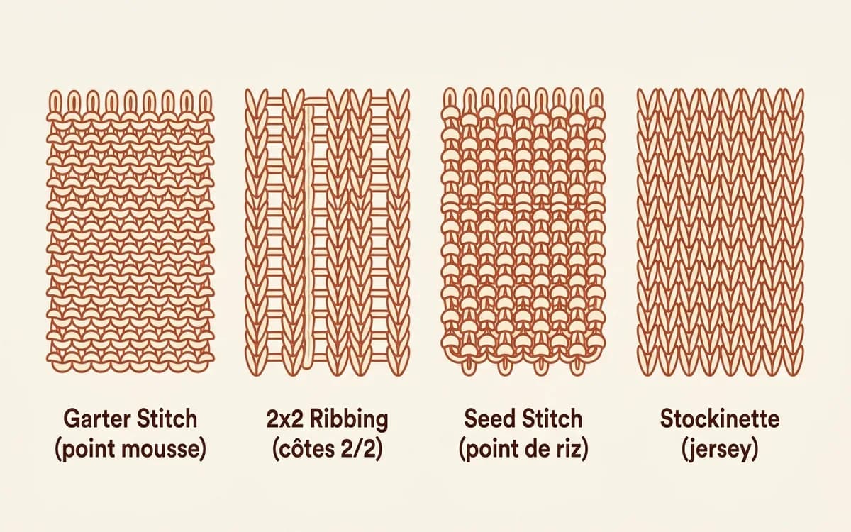 Diagramme comparatif des points de tricot pour écharpe : point mousse, côtes 2/2, point de riz et jersey