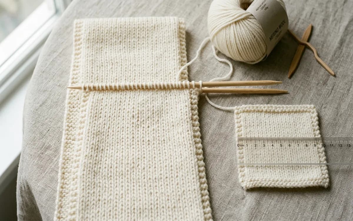 Écharpe tricot en cours et échantillon mesuré à 10 cm posés sur un fond en lin naturel