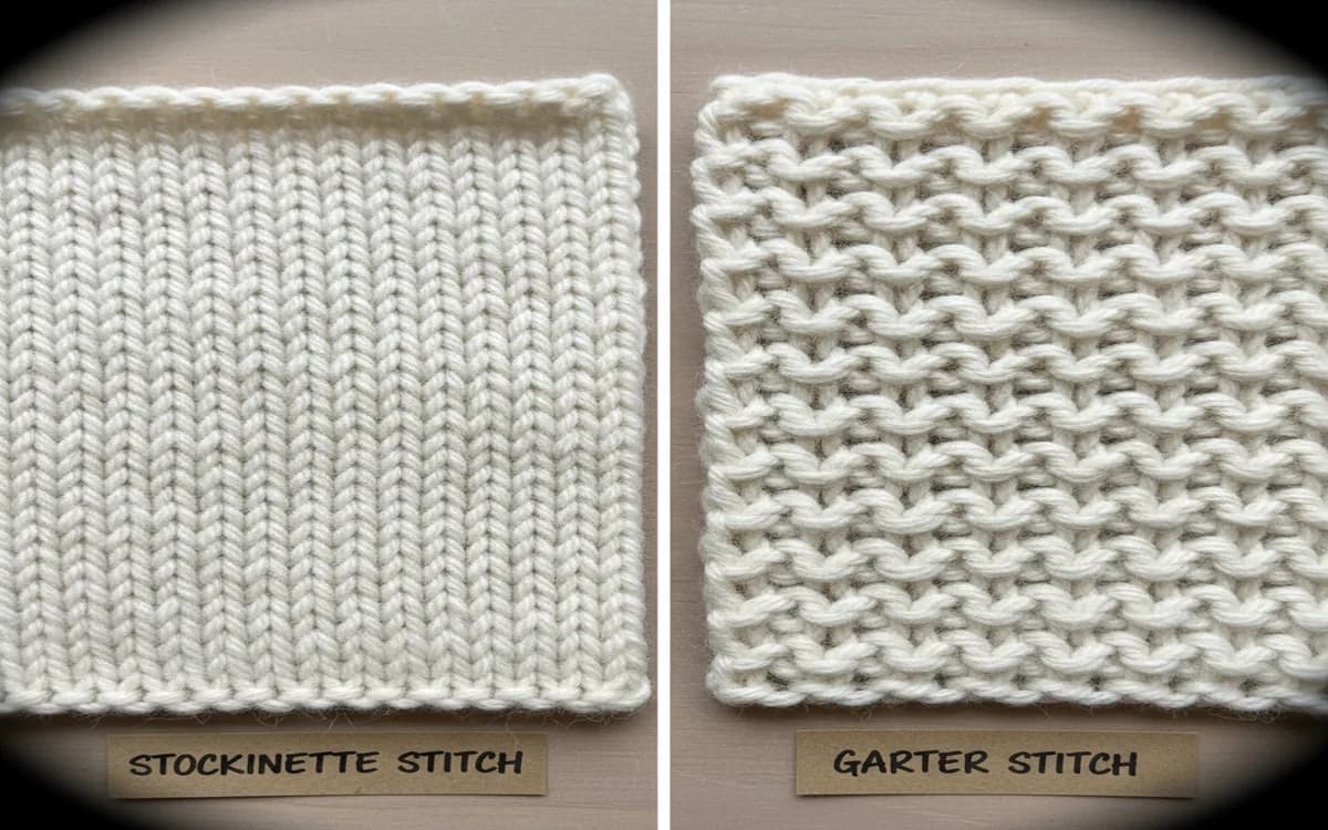 Side-by-side comparison of stockinette stitch smooth surface and garter stitch ridges