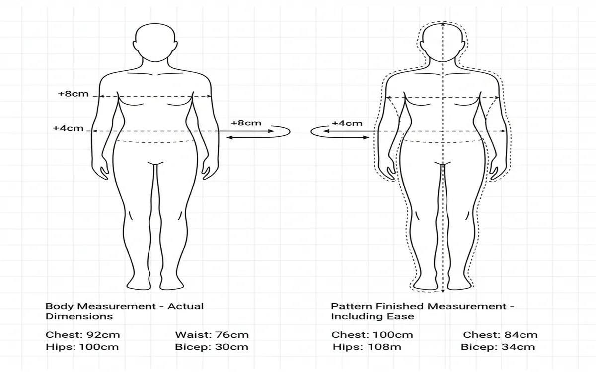 Side-by-side comparison of body measurement schematic and pattern finished measurements schematic