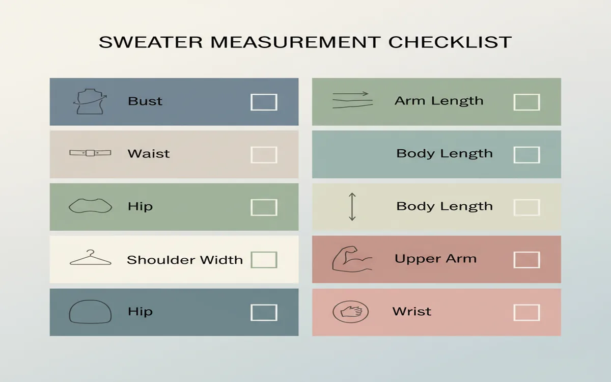 Checklist graphic of all measurements needed for sweater fitting