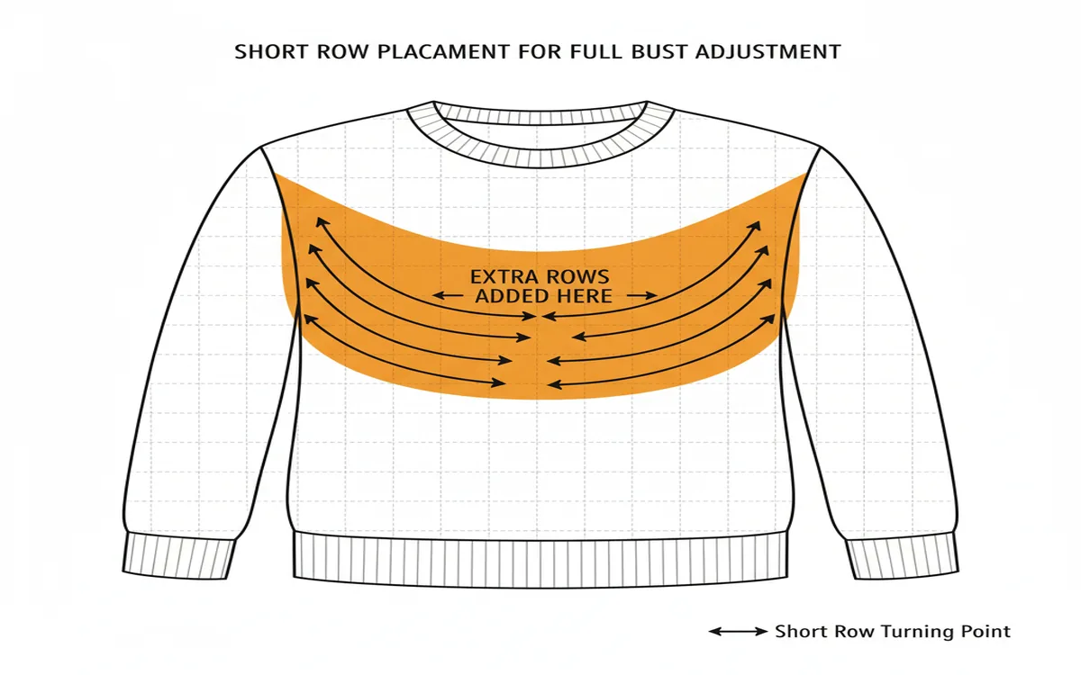 Diagram showing short row placement for full bust adjustment in sweater front