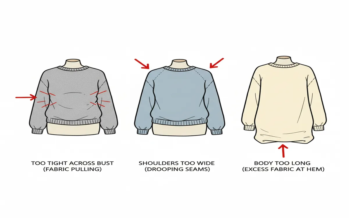 Common fit issues: too tight across bust, shoulders too wide, body too long