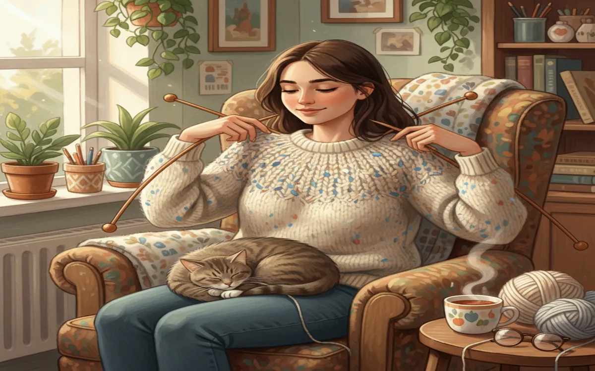 Knitter trying on top-down sweater in progress to check shoulder and bust fit