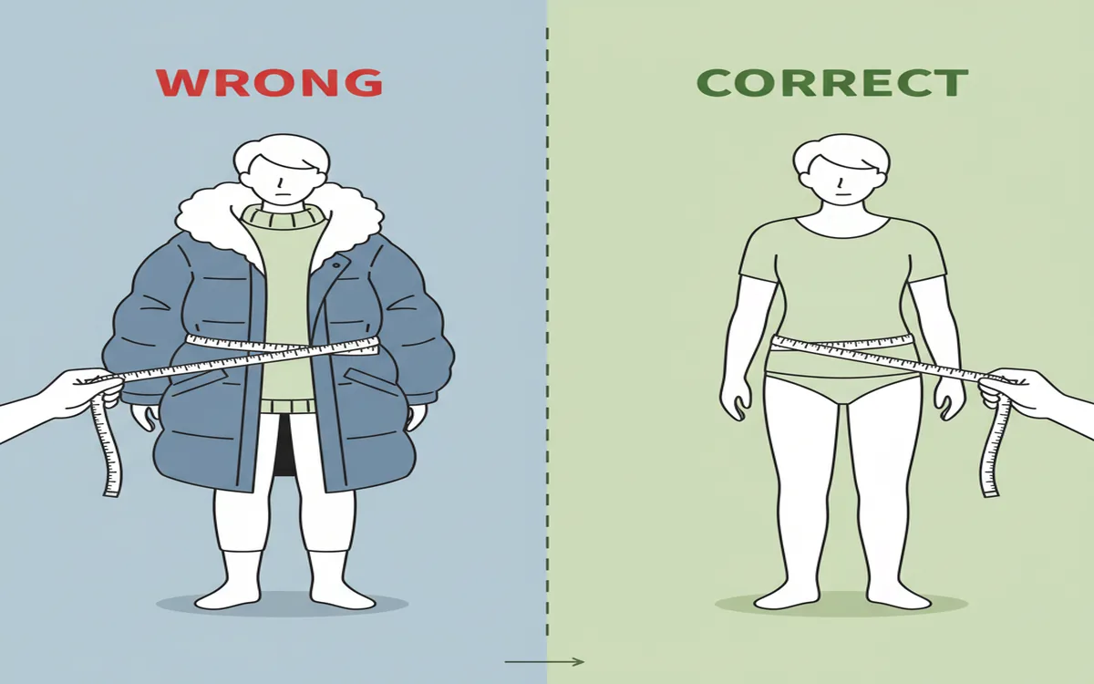 Comparison showing incorrect measurement over bulky clothes vs correct close-to-body technique