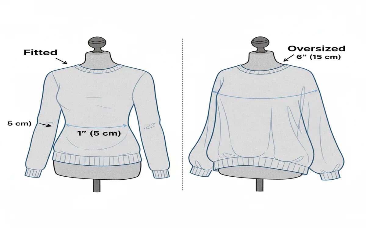 Same person wearing close-fit 2-inch ease versus oversized 6-inch ease sweater