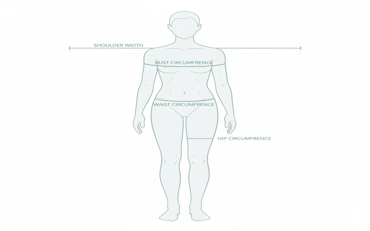 Front view body diagram showing bust, waist, hip, and shoulder measurement locations