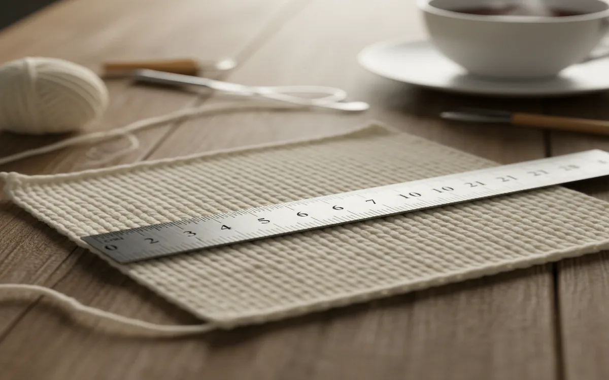 Knitting gauge swatch with ruler showing stitch and row count measurement