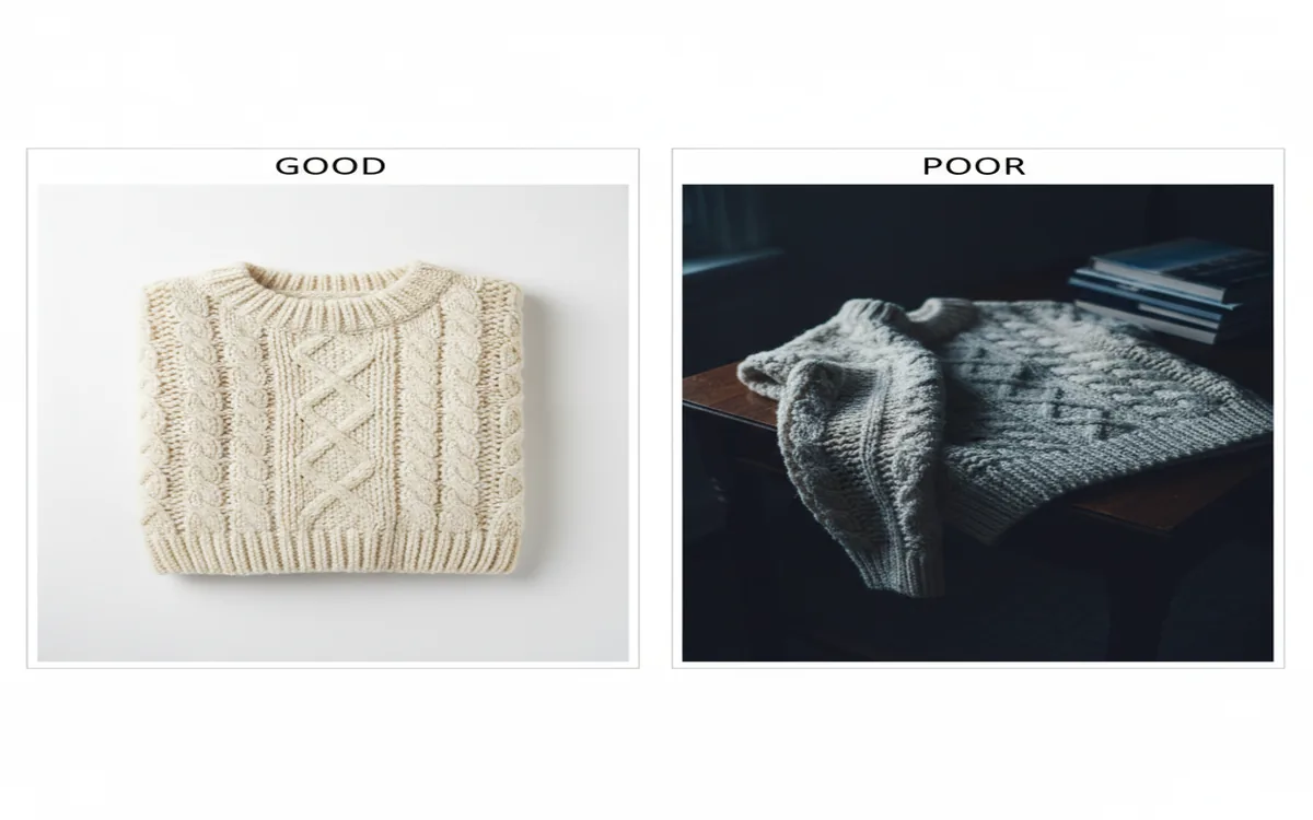 Comparison of clear well-lit sweater photo versus blurry dark photo for pattern generation