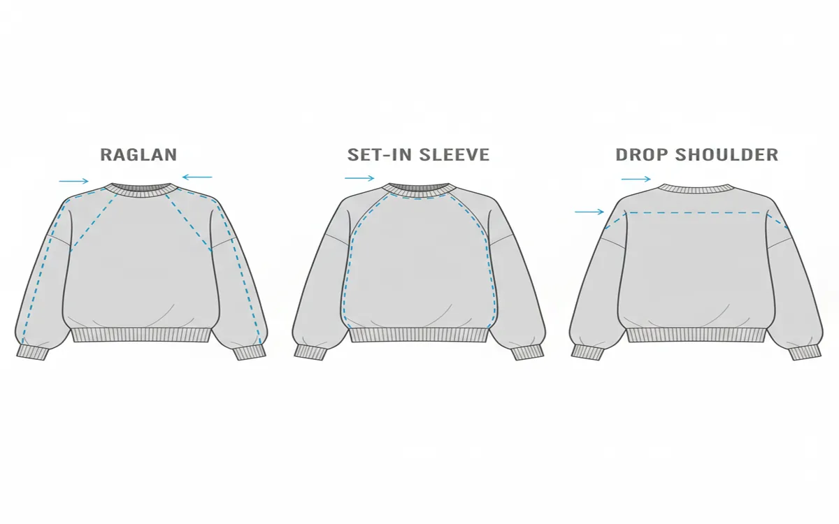 Diagram showing raglan, set-in sleeve, and drop shoulder sweater construction types