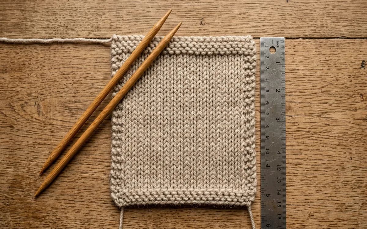 Échantillon de tricot en jersey avec une règle métallique pour mesurer les mailles et les rangs, et deux aiguilles à tricoter en bambou posées en diagonal