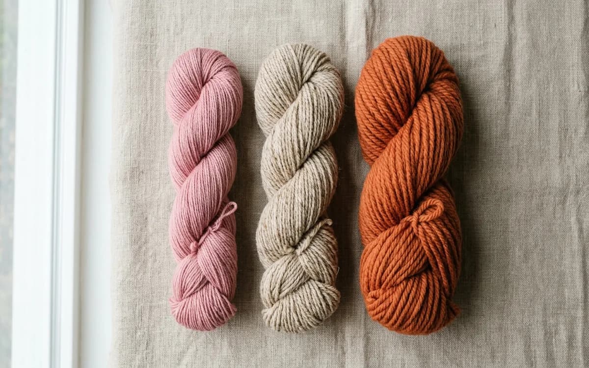 Trois pelotes de laine à tricoter de différentes épaisseurs : fingering, DK et Aran, posées sur une surface en lin naturel